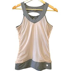 MPG sz Large Jr Workout Tank Top Shirred Layered V Neck Open Back Pink Gray
